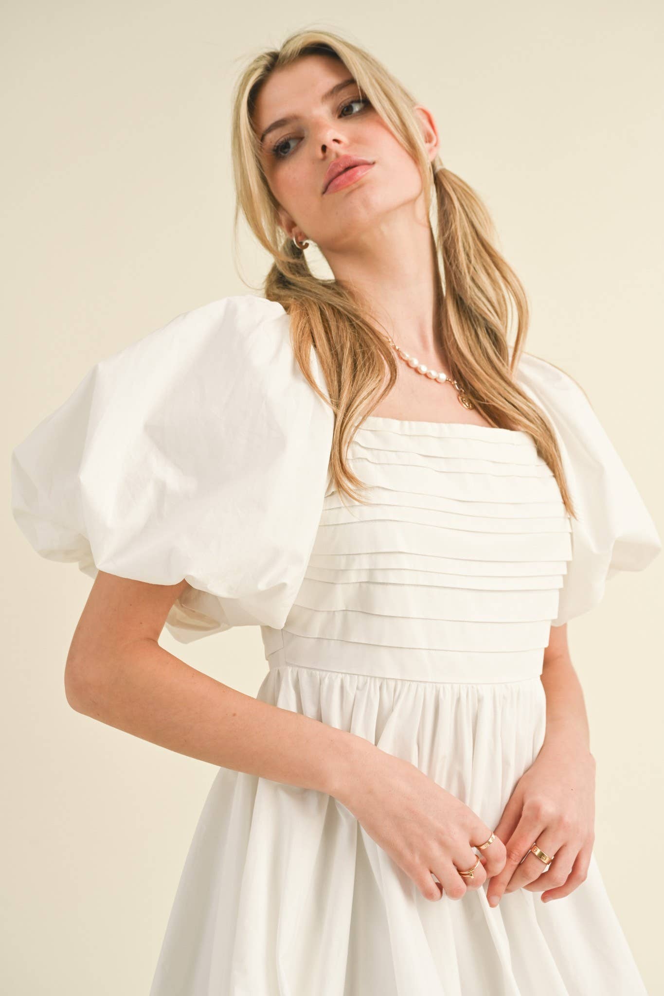 Maura Balloon Sleeve Pleated Dress