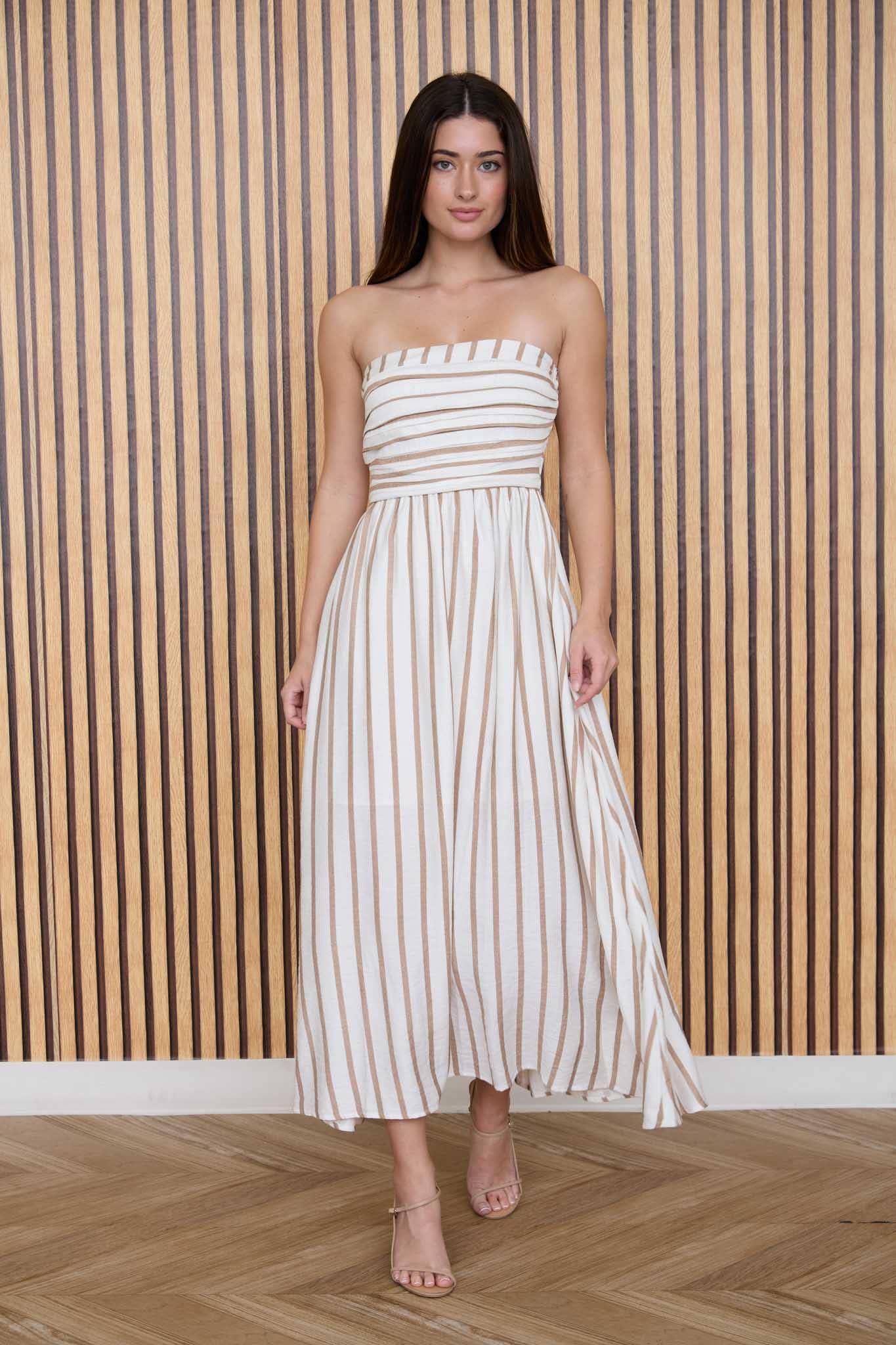 Riviera Striped Strapless Midi Dress
