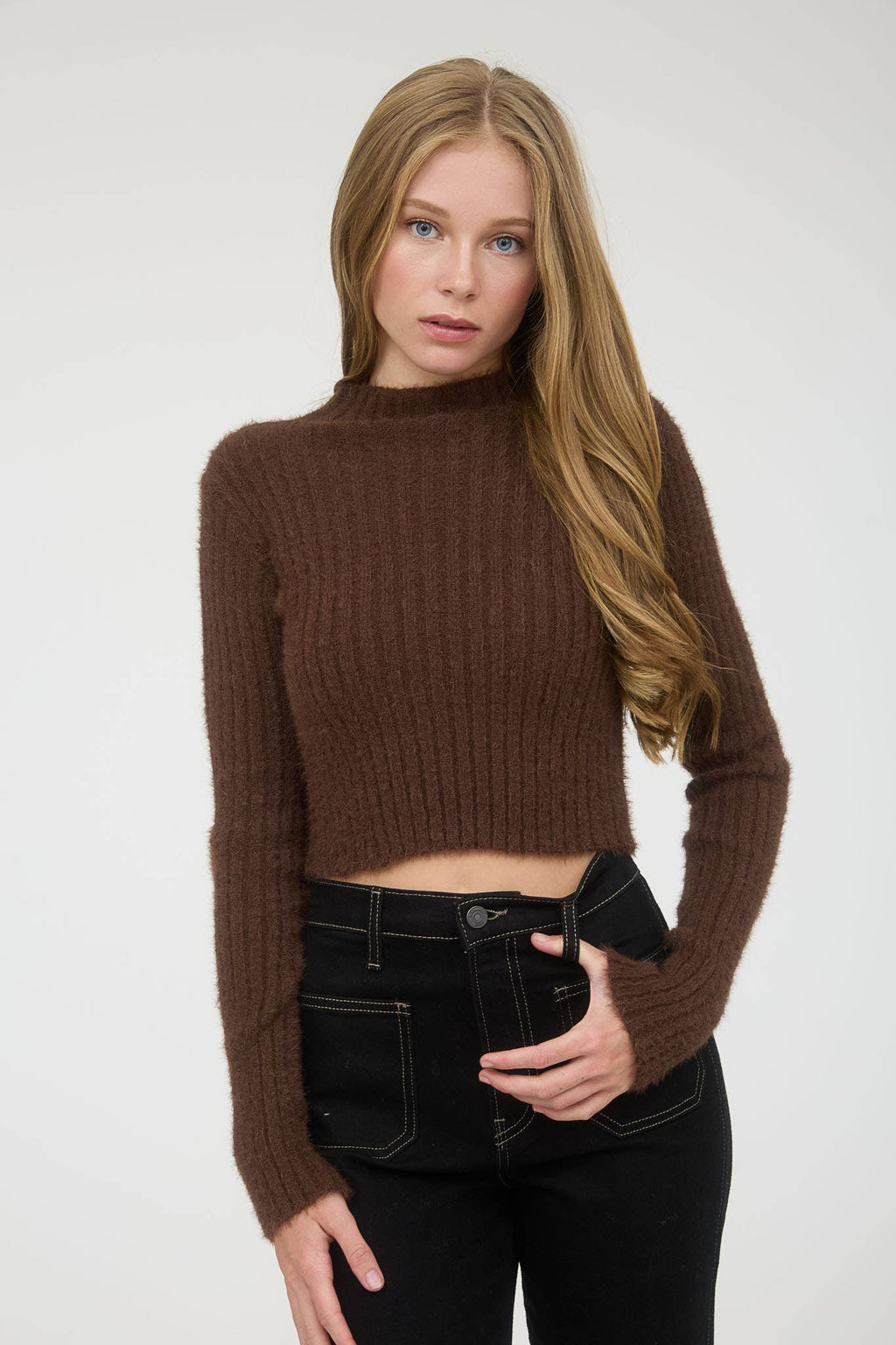 Cocoa Fuzzy Mock Neck Sweater