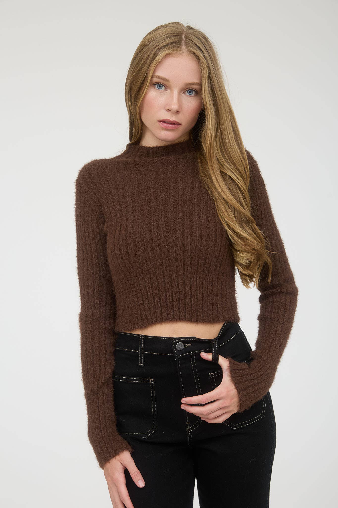 Cocoa Fuzzy Mock Neck Sweater