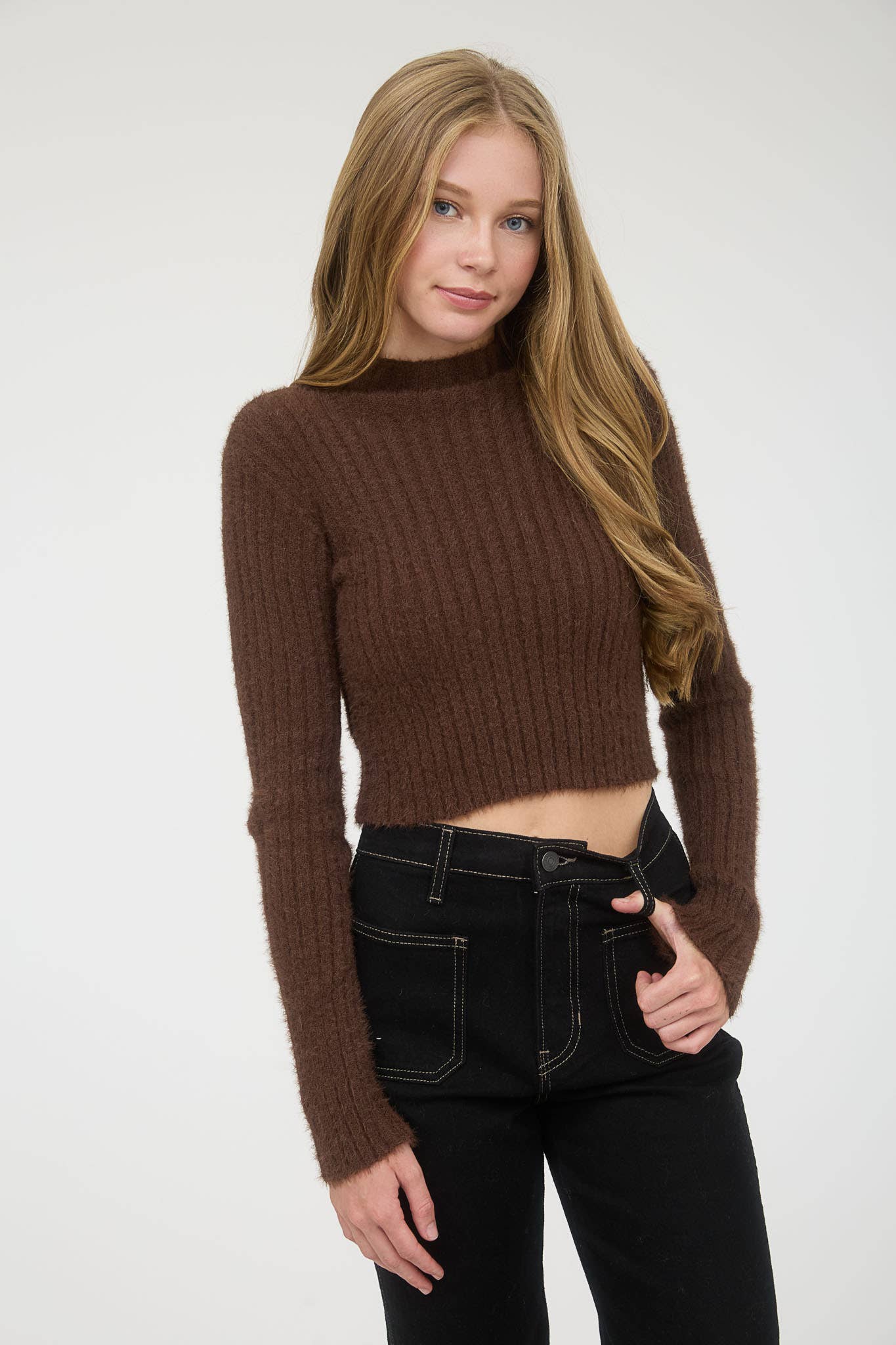 Cocoa Fuzzy Mock Neck Sweater