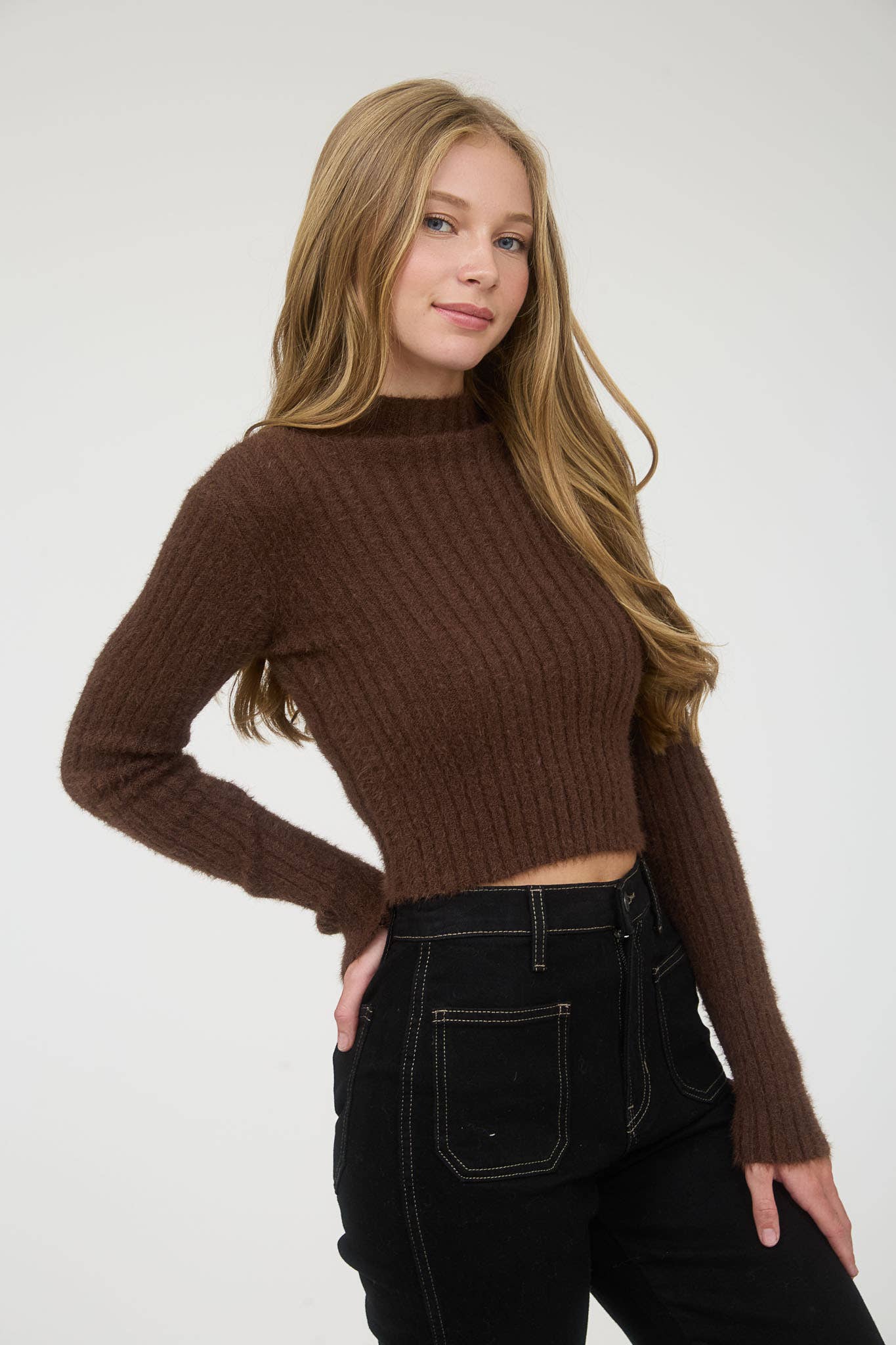 Cocoa Fuzzy Mock Neck Sweater